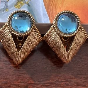 Vintage M.Jent gold tone and ocean blue glass clip on earrings